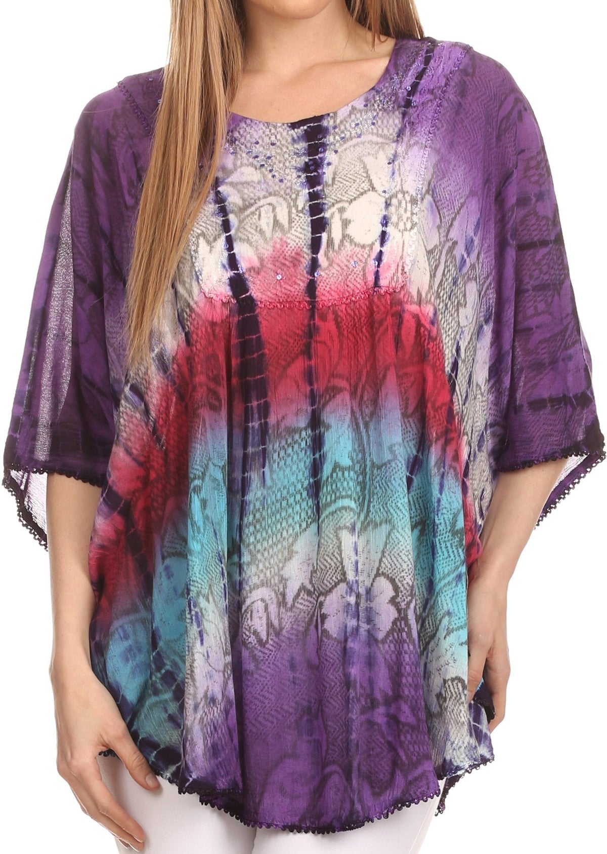 Sakkas Ellesa Ombre Tie Dye Circle Poncho Blouse Shirt Top With Sequin Embroidery - Fabs things