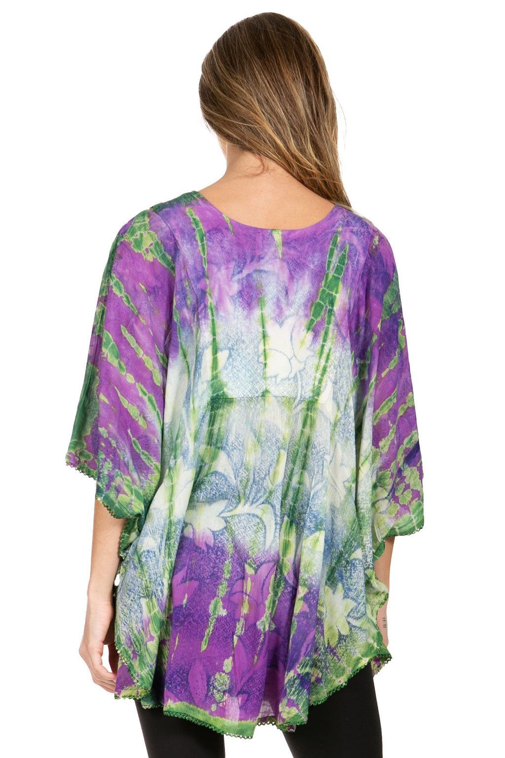 Sakkas Ellesa Ombre Tie Dye Circle Poncho Blouse Shirt Top With Sequin Embroidery - Fabs things
