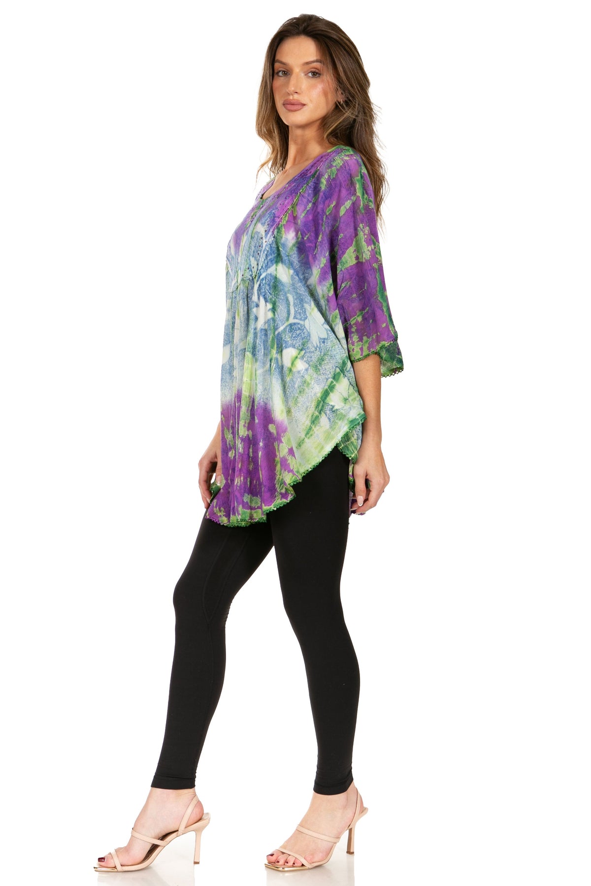 Sakkas Ellesa Ombre Tie Dye Circle Poncho Blouse Shirt Top With Sequin Embroidery - Fabs things