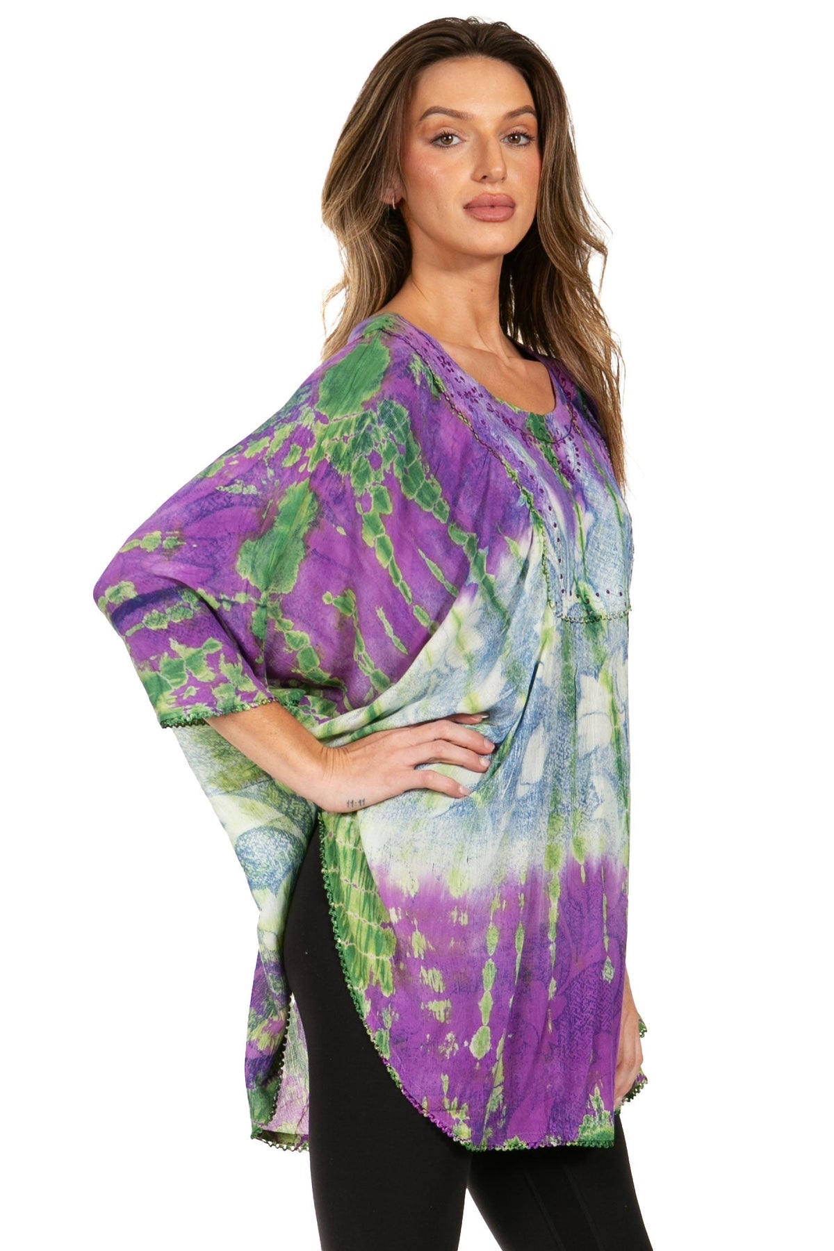 Sakkas Ellesa Ombre Tie Dye Circle Poncho Blouse Shirt Top With Sequin Embroidery - Fabs things