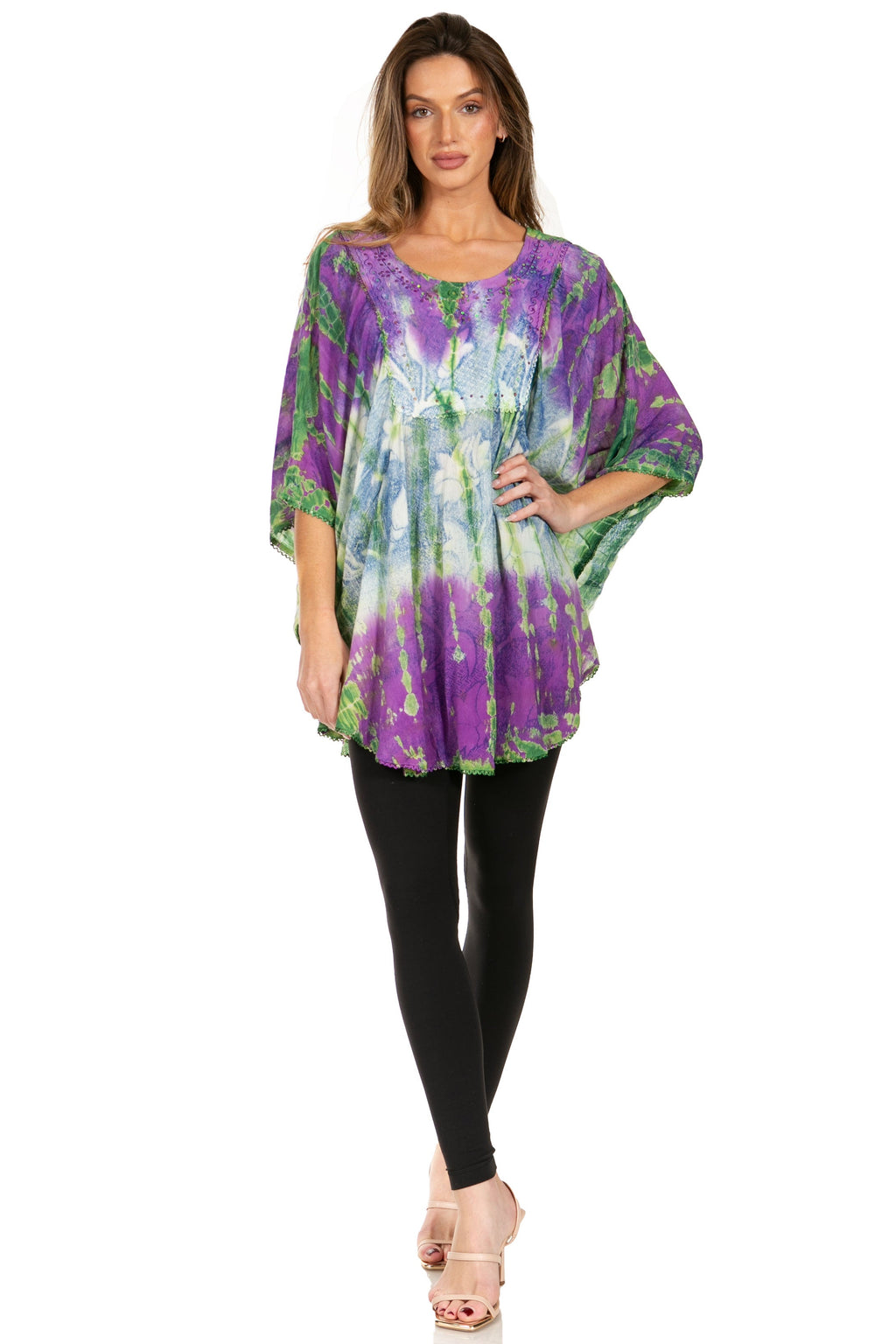 Sakkas Ellesa Ombre Tie Dye Circle Poncho Blouse Shirt Top With Sequin Embroidery - Fabs things