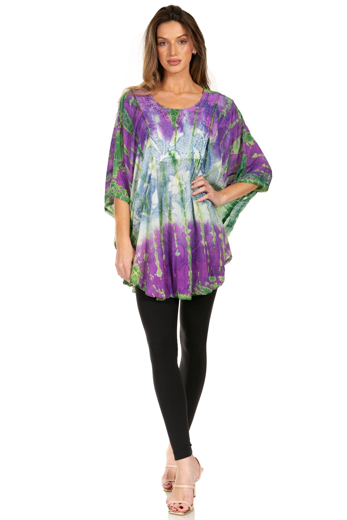 Sakkas Ellesa Ombre Tie Dye Circle Poncho Blouse Shirt Top With Sequin Embroidery - Fabs things