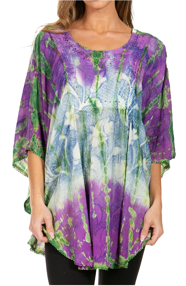 Sakkas Ellesa Ombre Tie Dye Circle Poncho Blouse Shirt Top With Sequin Embroidery - Fabs things