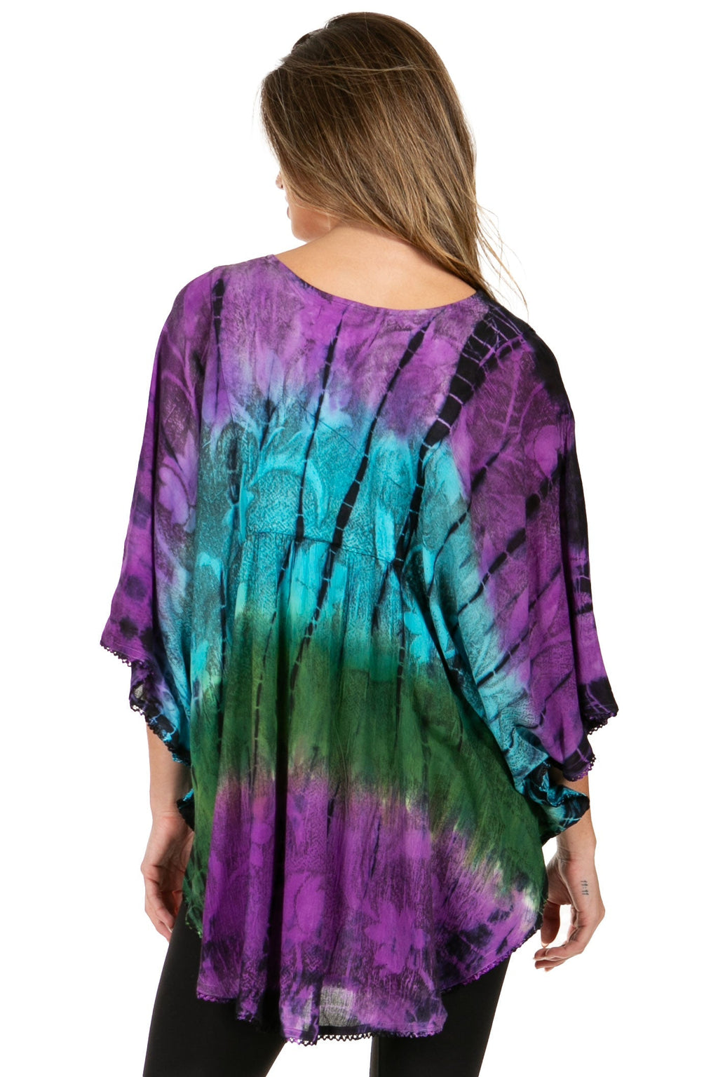 Sakkas Ellesa Ombre Tie Dye Circle Poncho Blouse Shirt Top With Sequin Embroidery - Fabs things