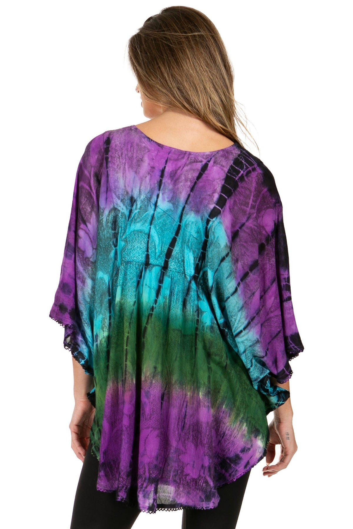 Sakkas Ellesa Ombre Tie Dye Circle Poncho Blouse Shirt Top With Sequin Embroidery - Fabs things