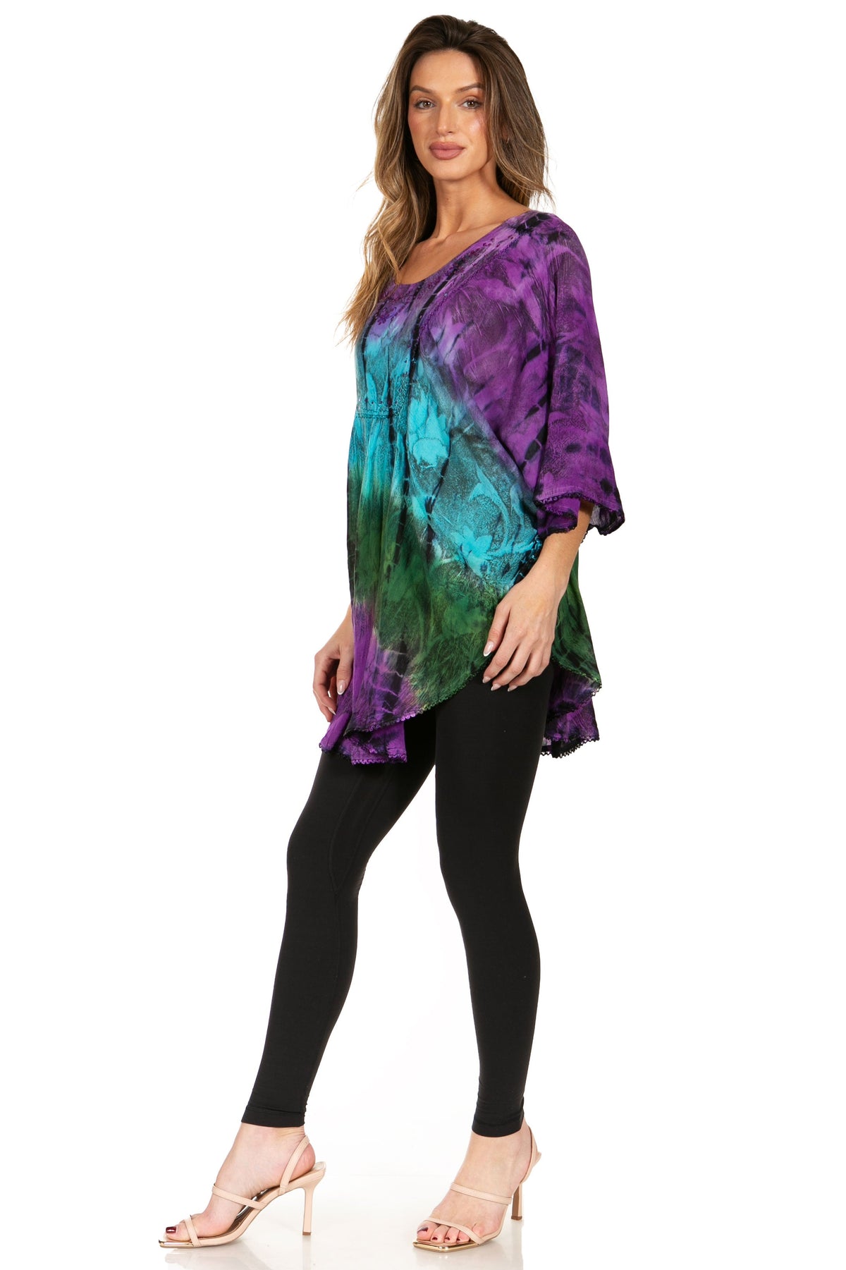 Sakkas Ellesa Ombre Tie Dye Circle Poncho Blouse Shirt Top With Sequin Embroidery - Fabs things
