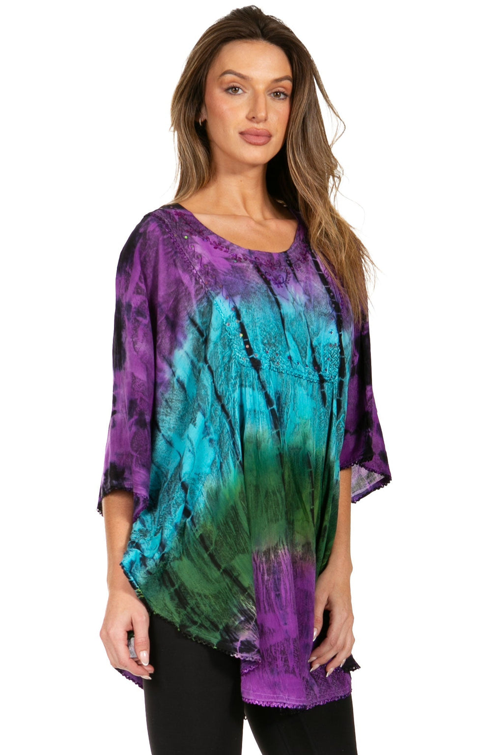 Sakkas Ellesa Ombre Tie Dye Circle Poncho Blouse Shirt Top With Sequin Embroidery - Fabs things