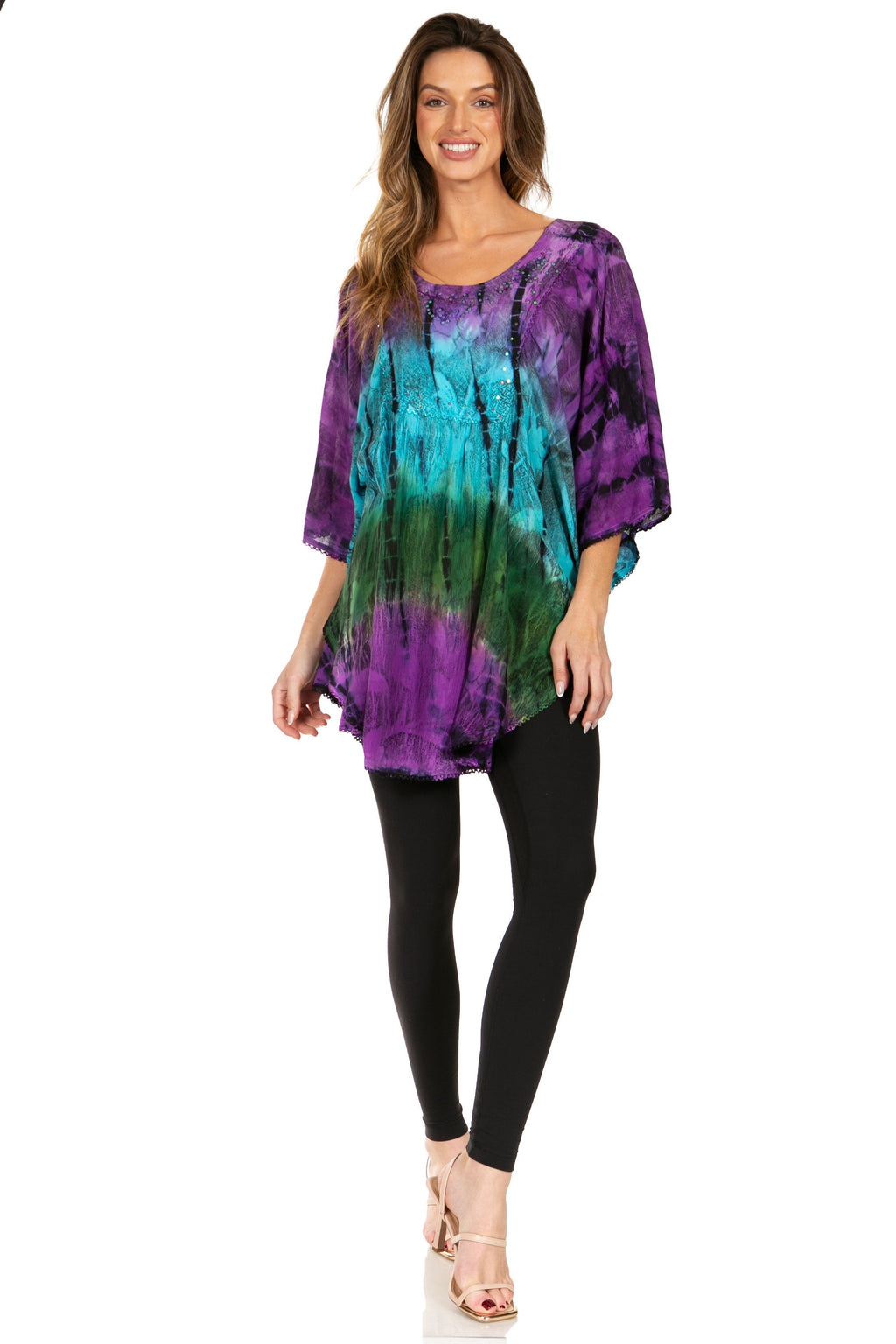 Sakkas Ellesa Ombre Tie Dye Circle Poncho Blouse Shirt Top With Sequin Embroidery - Fabs things