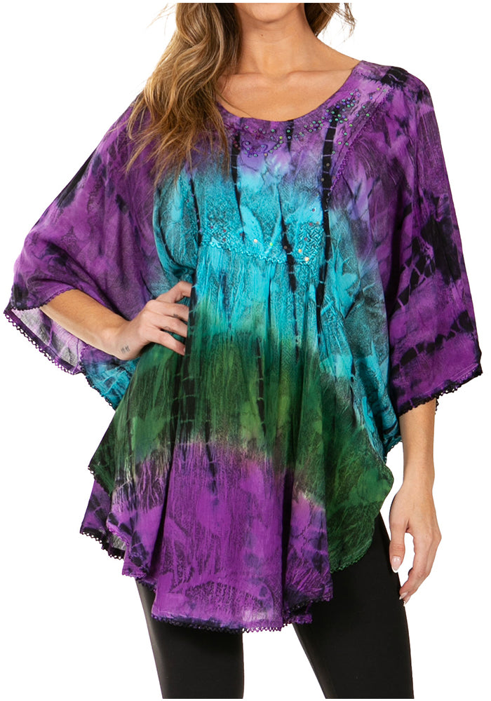 Sakkas Ellesa Ombre Tie Dye Circle Poncho Blouse Shirt Top With Sequin Embroidery - Fabs things