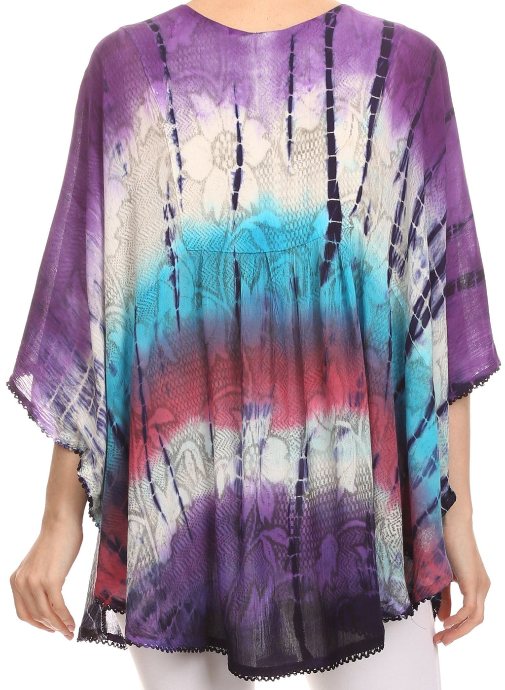 Sakkas Ellesa Ombre Tie Dye Circle Poncho Blouse Shirt Top With Sequin Embroidery - Fabs things