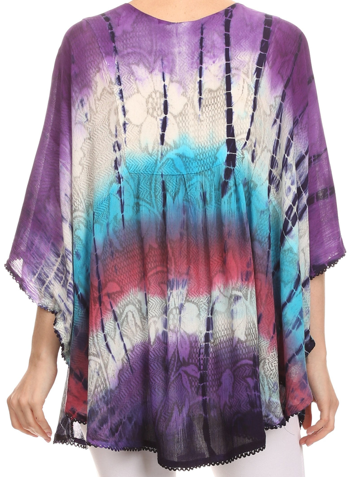 Sakkas Ellesa Ombre Tie Dye Circle Poncho Blouse Shirt Top With Sequin Embroidery - Fabs things