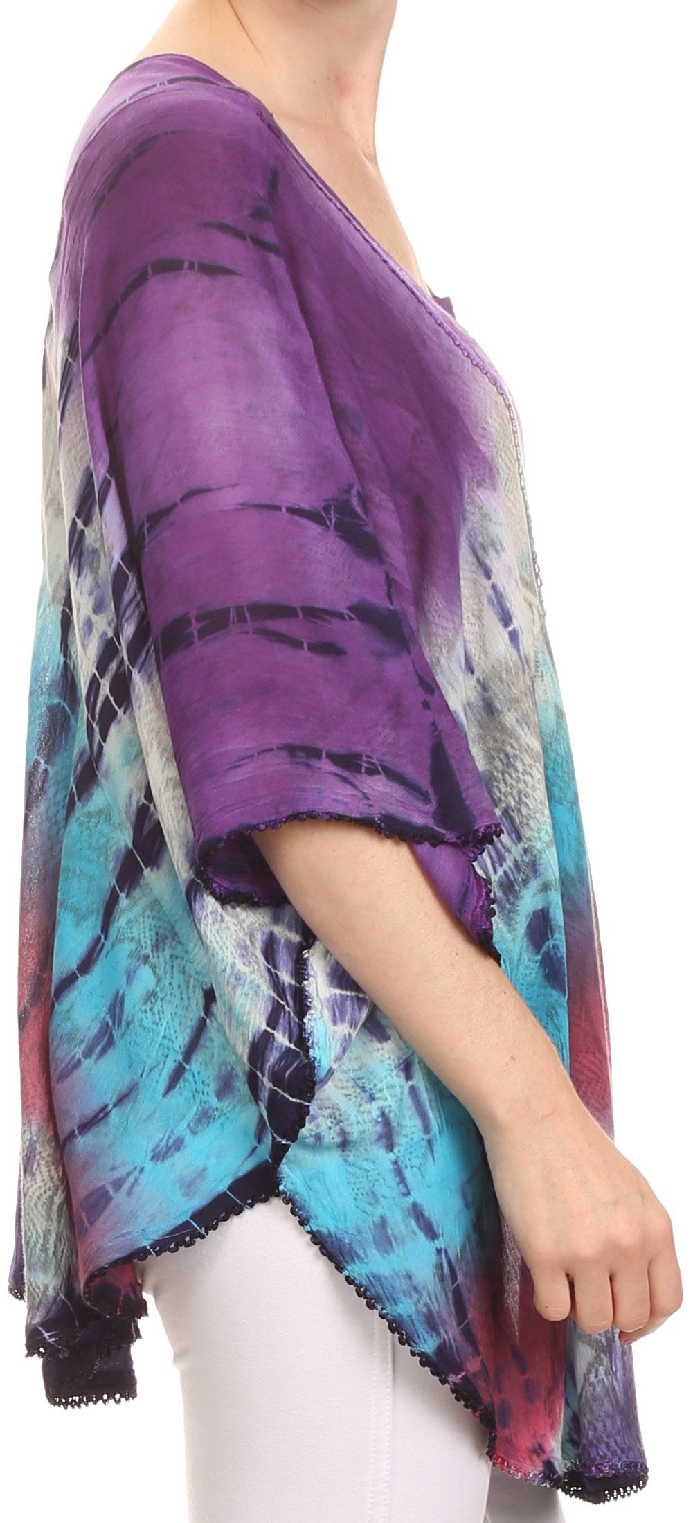 Sakkas Ellesa Ombre Tie Dye Circle Poncho Blouse Shirt Top With Sequin Embroidery - Fabs things