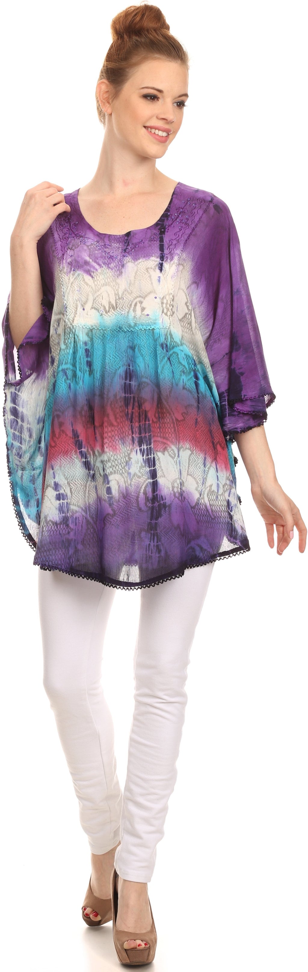 Sakkas Ellesa Ombre Tie Dye Circle Poncho Blouse Shirt Top With Sequin Embroidery - Fabs things