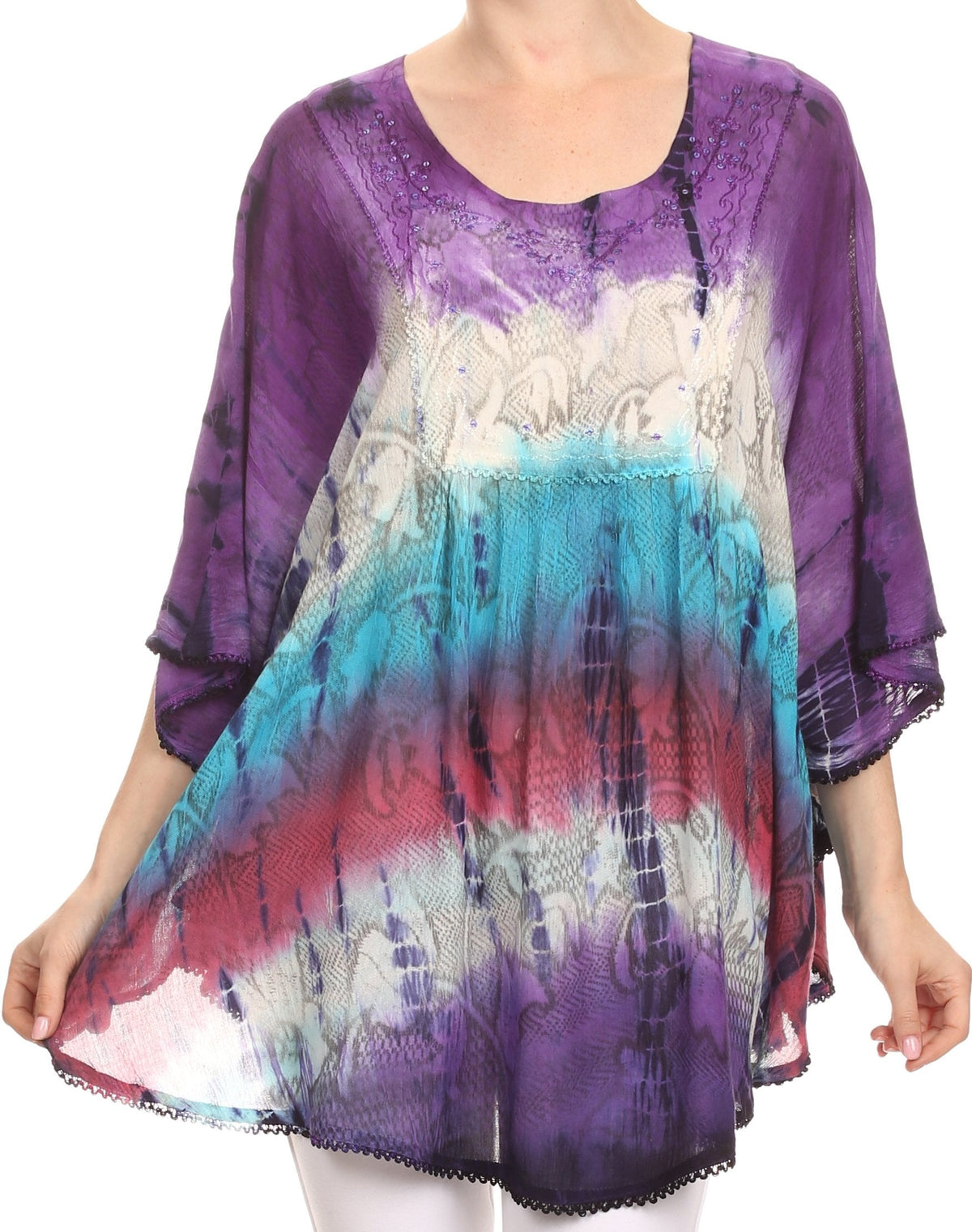 Sakkas Ellesa Ombre Tie Dye Circle Poncho Blouse Shirt Top With Sequin Embroidery - Fabs things