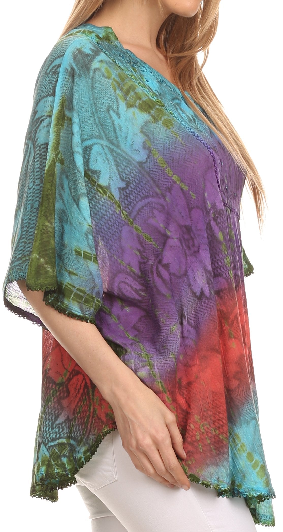 Sakkas Ellesa Ombre Tie Dye Circle Poncho Blouse Shirt Top With Sequin Embroidery - Fabs things