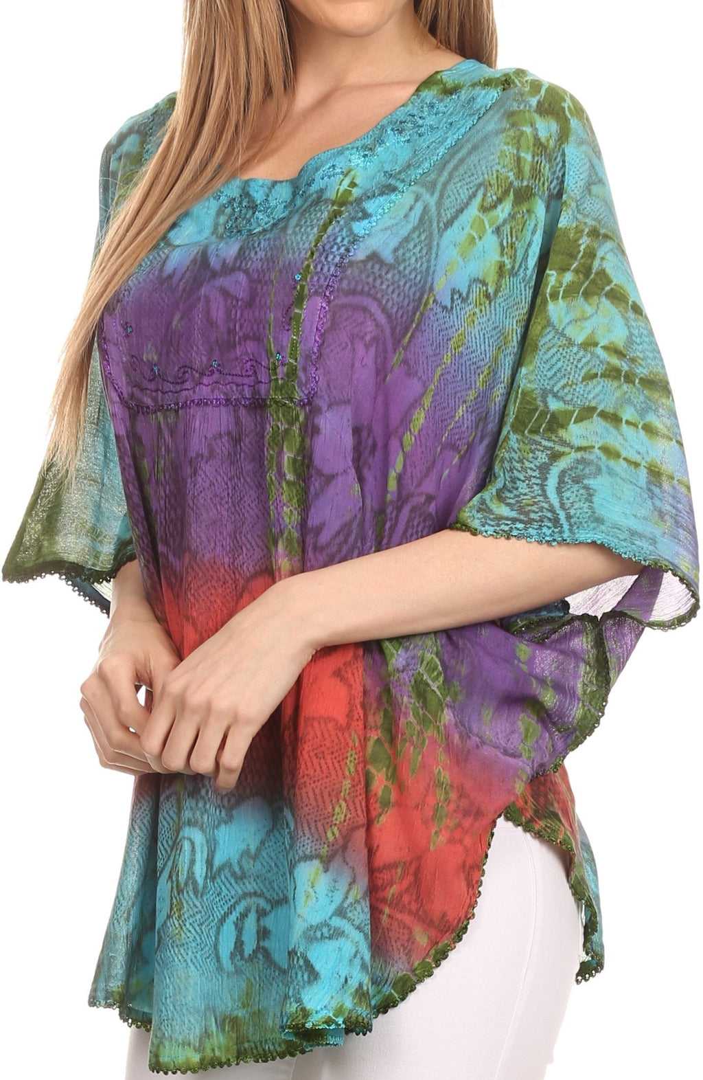 Sakkas Ellesa Ombre Tie Dye Circle Poncho Blouse Shirt Top With Sequin Embroidery - Fabs things