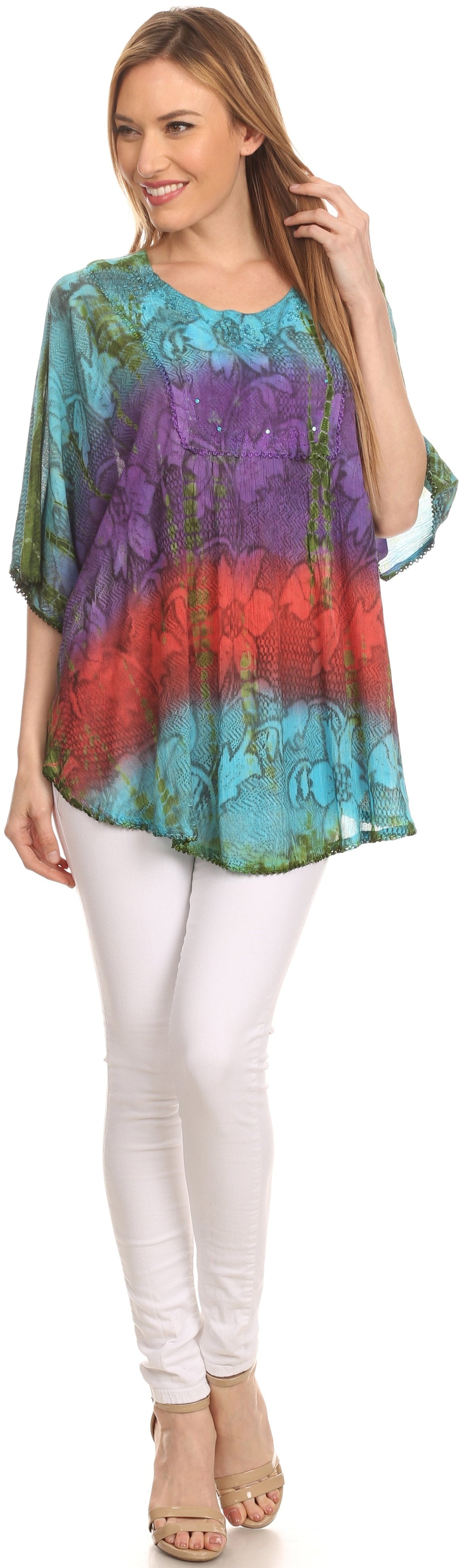Sakkas Ellesa Ombre Tie Dye Circle Poncho Blouse Shirt Top With Sequin Embroidery - Fabs things