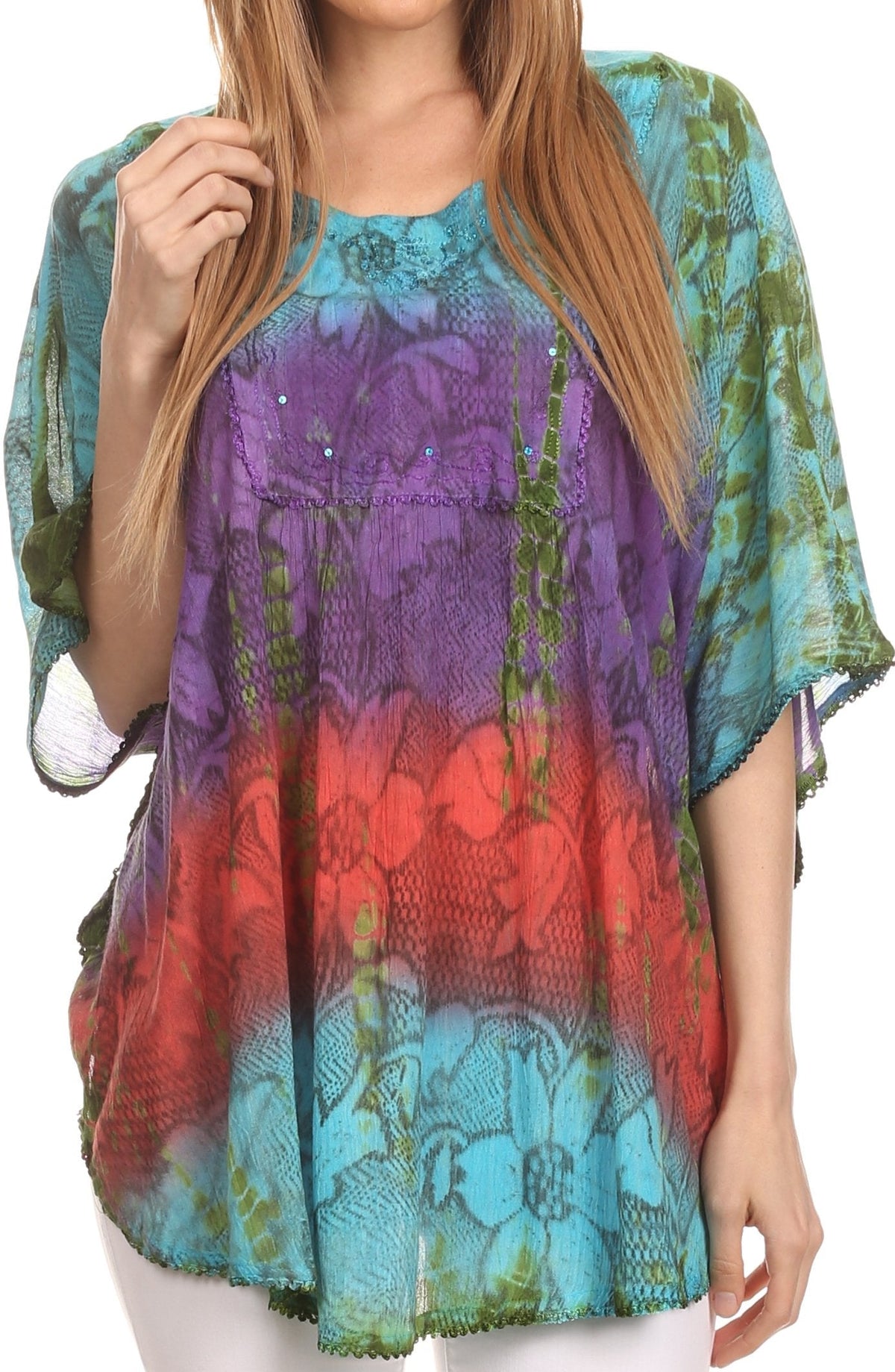 Sakkas Ellesa Ombre Tie Dye Circle Poncho Blouse Shirt Top With Sequin Embroidery - Fabs things