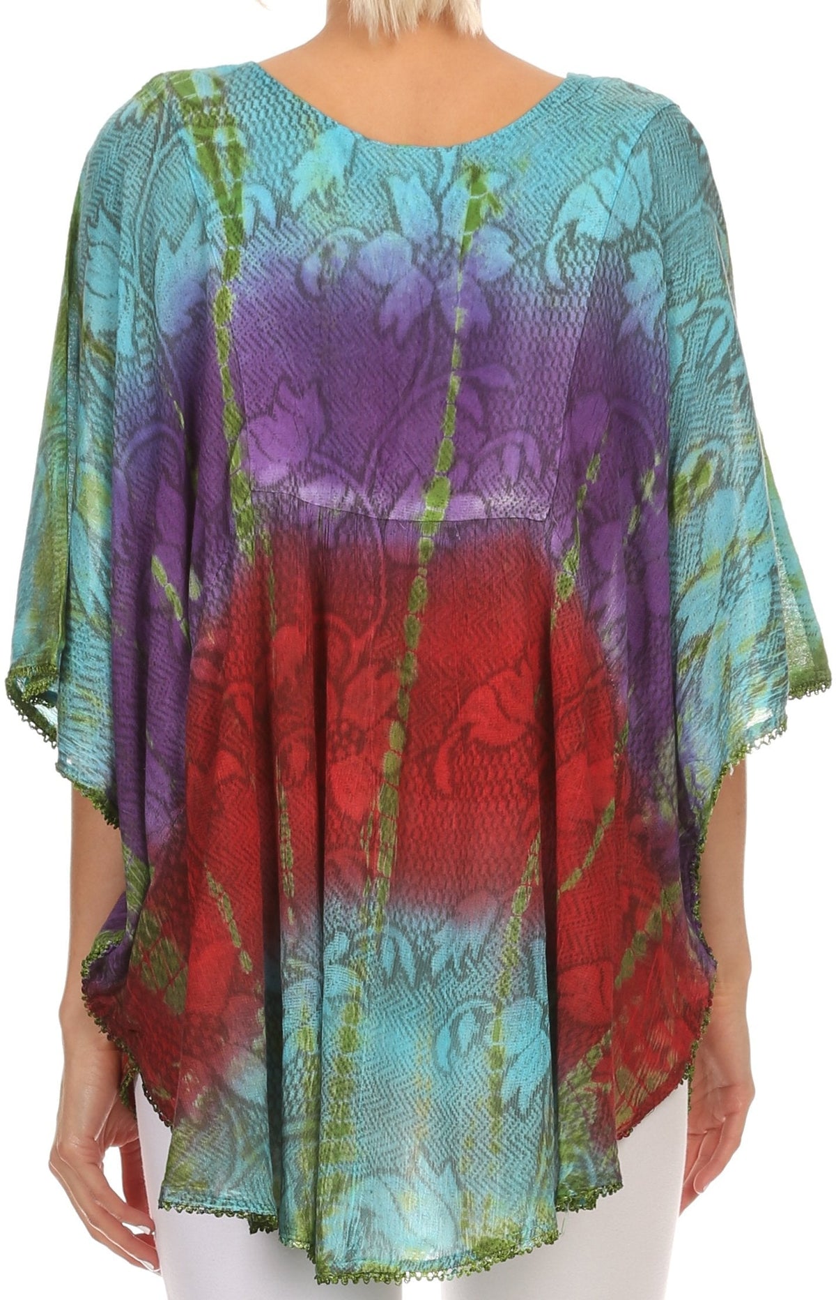 Sakkas Ellesa Ombre Tie Dye Circle Poncho Blouse Shirt Top With Sequin Embroidery - Fabs things