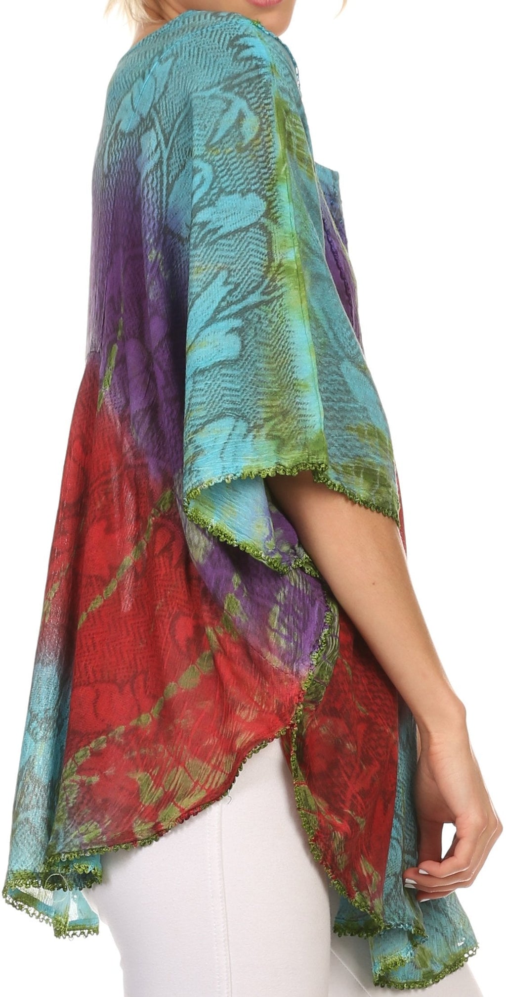 Sakkas Ellesa Ombre Tie Dye Circle Poncho Blouse Shirt Top With Sequin Embroidery - Fabs things