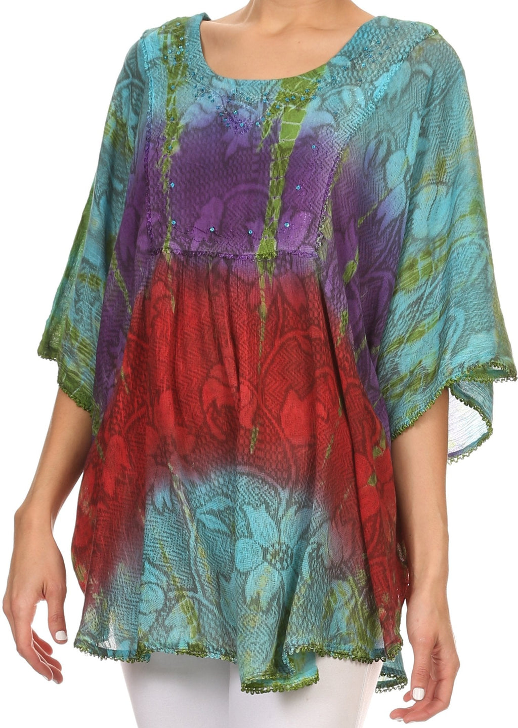 Sakkas Ellesa Ombre Tie Dye Circle Poncho Blouse Shirt Top With Sequin Embroidery - Fabs things