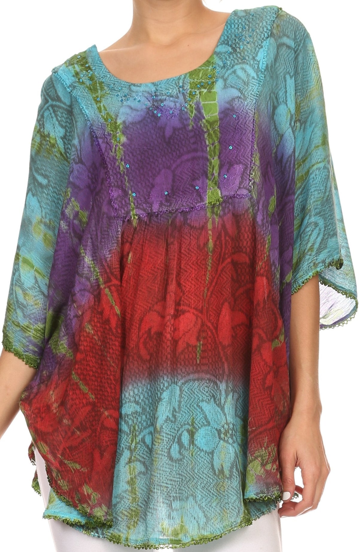 Sakkas Ellesa Ombre Tie Dye Circle Poncho Blouse Shirt Top With Sequin Embroidery - Fabs things