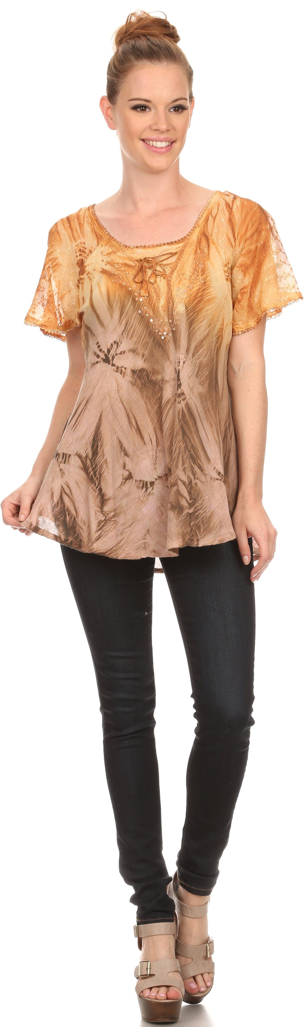 Sakkas Taylay Ombre Tie Dye Batik Long Embroidered Corset Neck Blouse Shirt Top - Fabs things