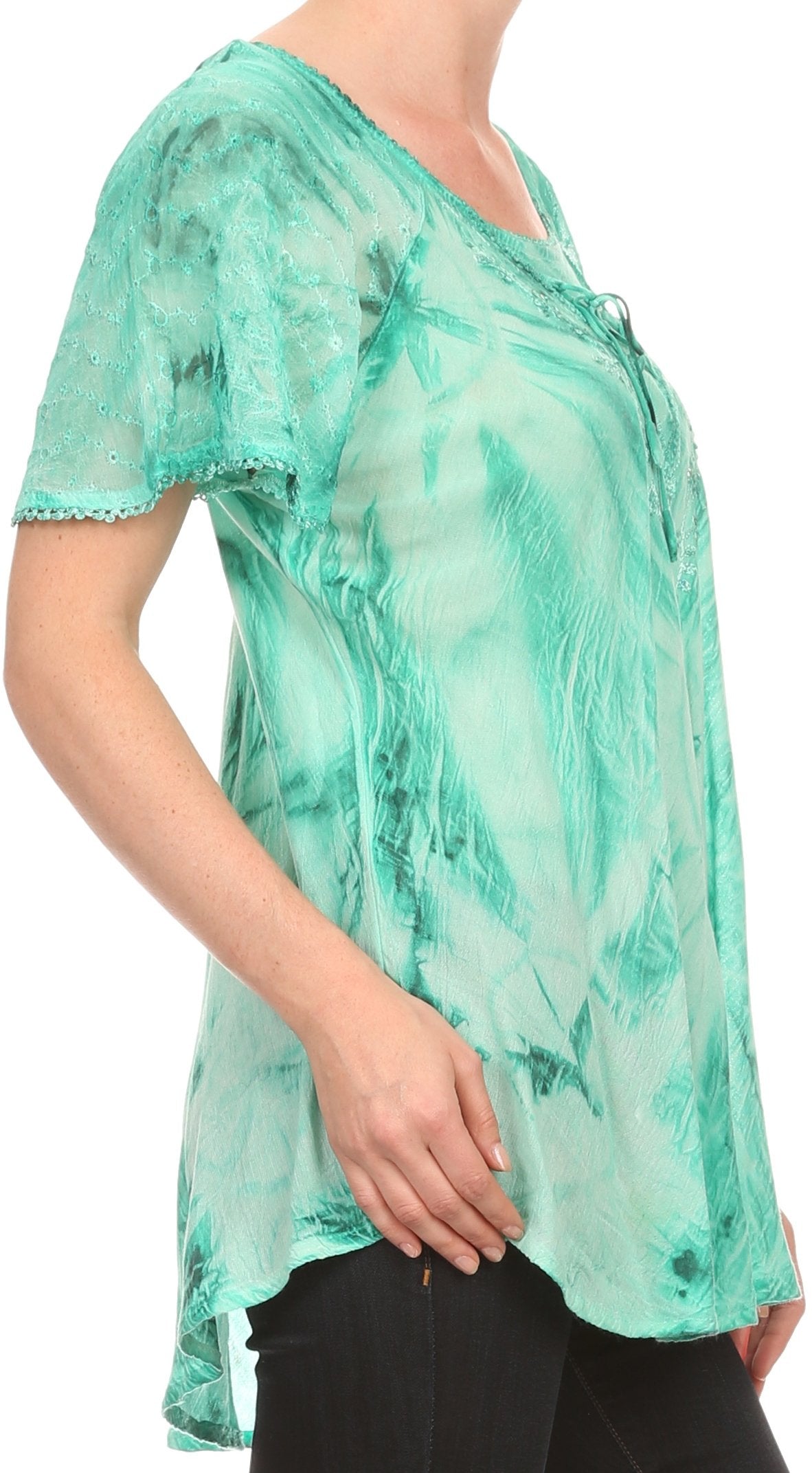 Sakkas Taylay Ombre Tie Dye Batik Long Embroidered Corset Neck Blouse Shirt Top - Fabs things