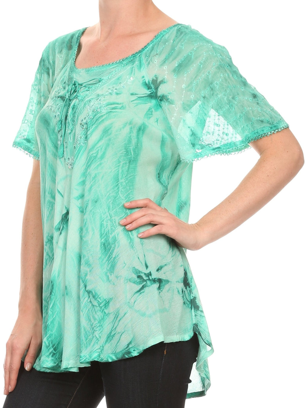 Sakkas Taylay Ombre Tie Dye Batik Long Embroidered Corset Neck Blouse Shirt Top - Fabs things