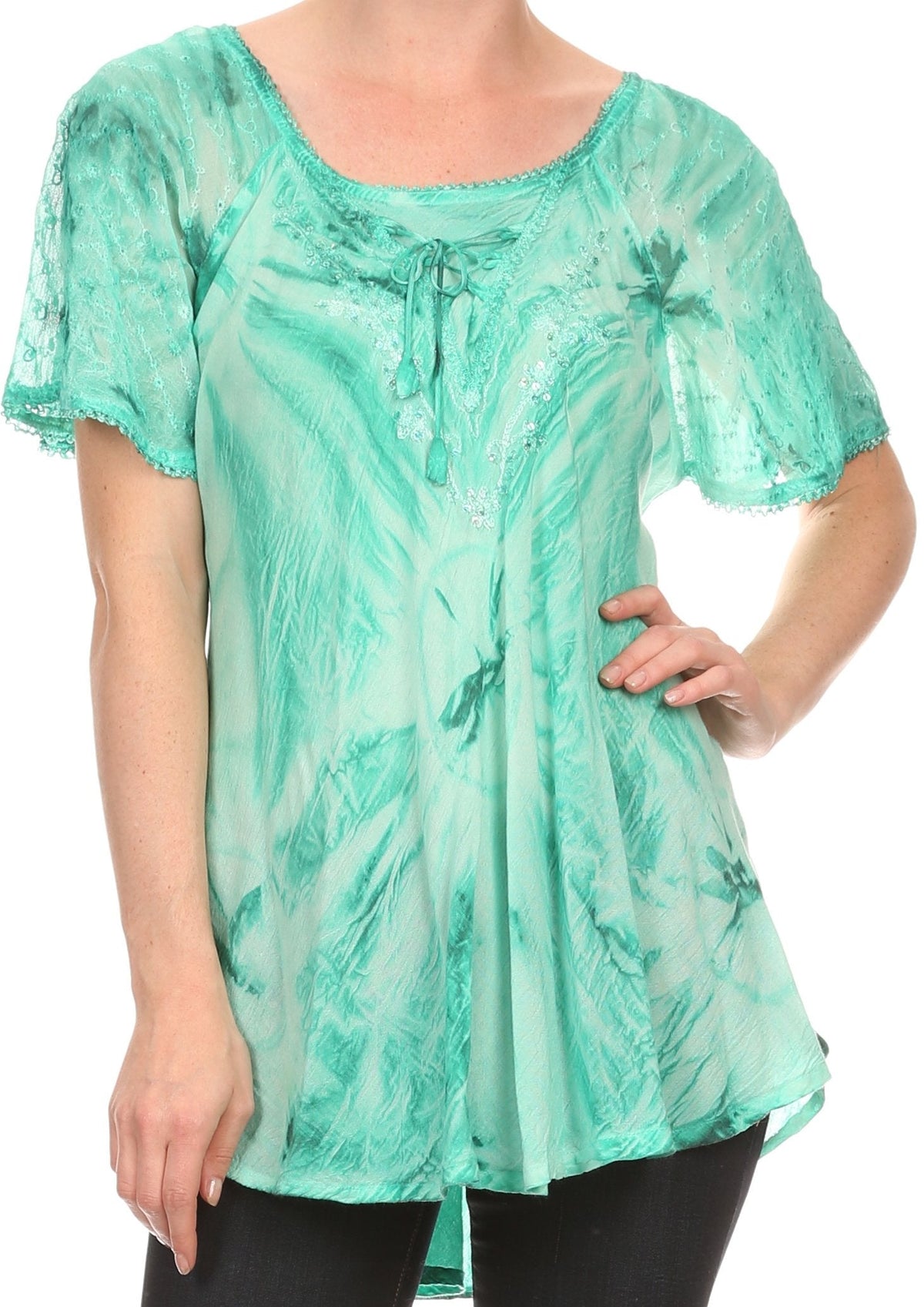 Sakkas Taylay Ombre Tie Dye Batik Long Embroidered Corset Neck Blouse Shirt Top - Fabs things