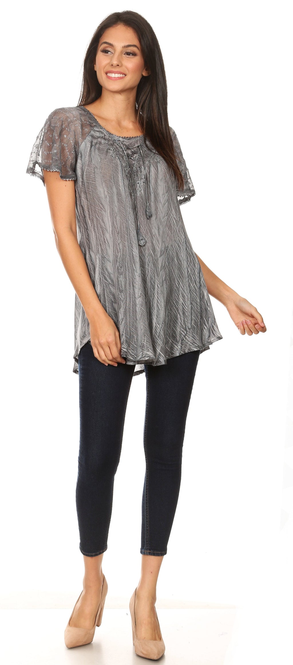 Sakkas Aline Women's Short Sleeve Casual Light Loose Scoop Neck Top Blouse Shirt - Fabs things