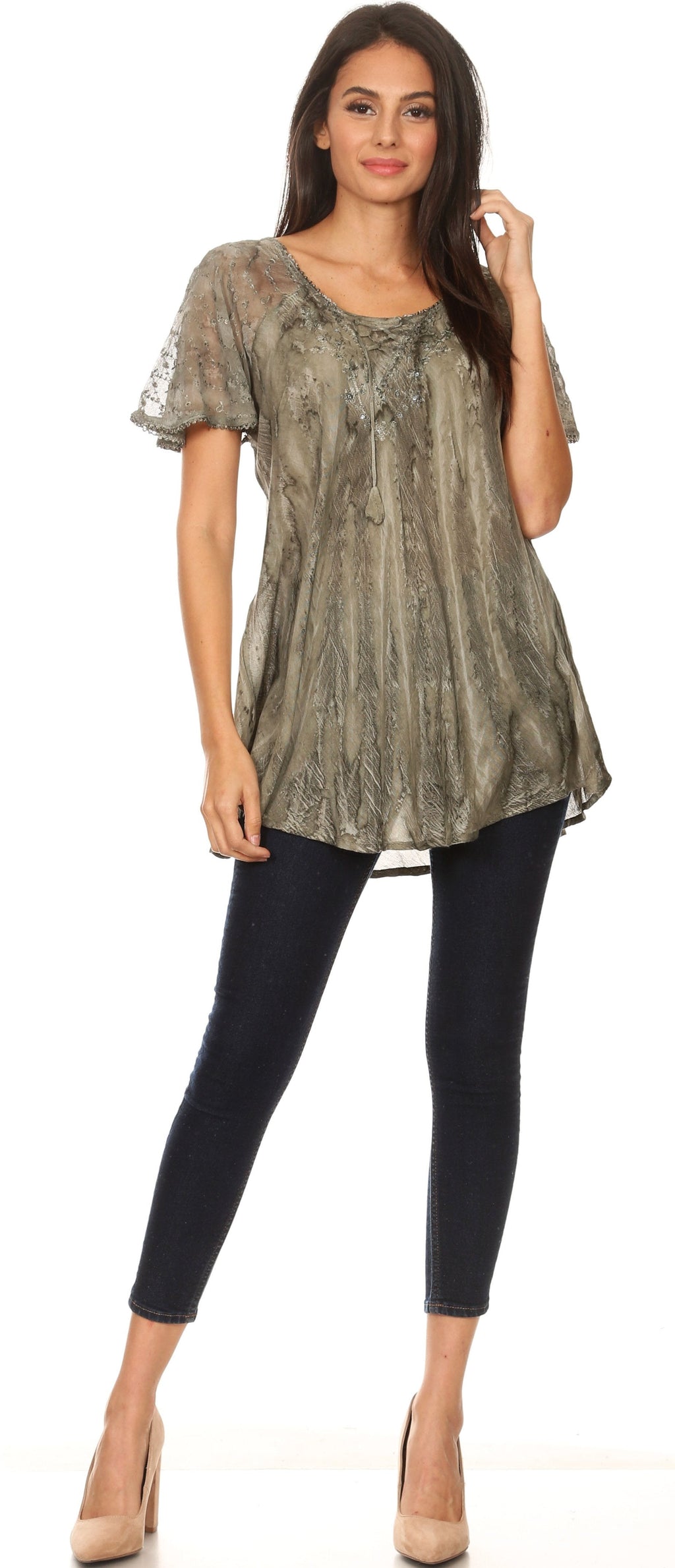Sakkas Aline Women's Short Sleeve Casual Light Loose Scoop Neck Top Blouse Shirt - Fabs things