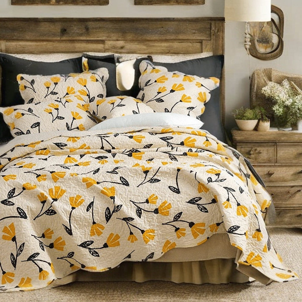 DaDa Bedding Yellow Fleur Floral Quilt Set - Ivory Gold Bedspread
