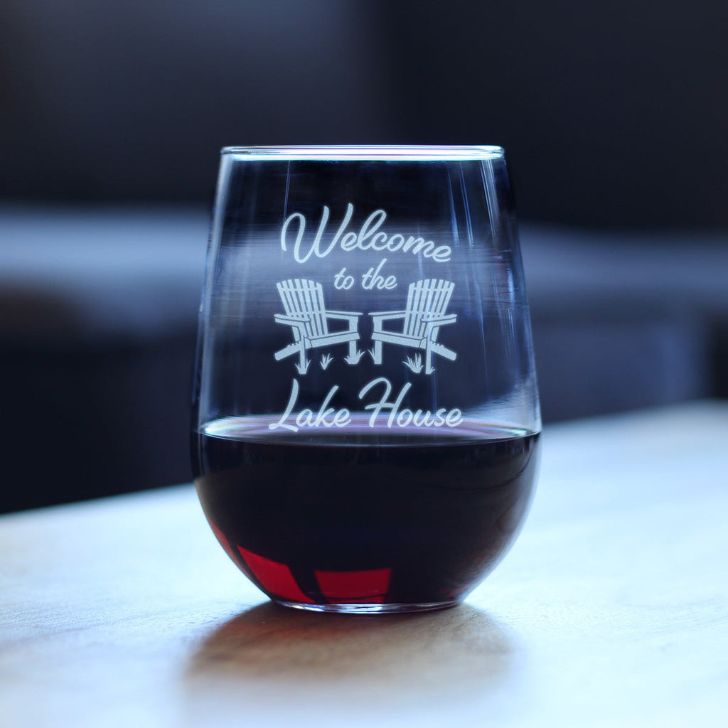 Welcome To The Lake House - Stemless Wine Glass - Lake Home Rustic Cabin Decor - Large 17 Ounce Glasses - Fabs things