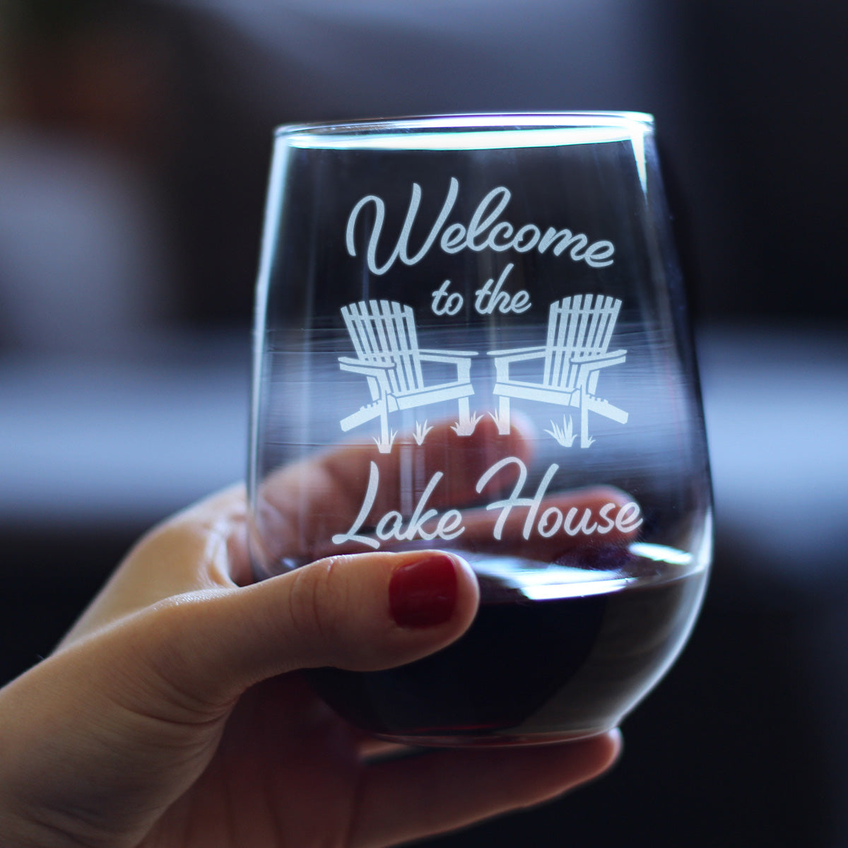 Welcome To The Lake House - Stemless Wine Glass - Lake Home Rustic Cabin Decor - Large 17 Ounce Glasses - Fabs things
