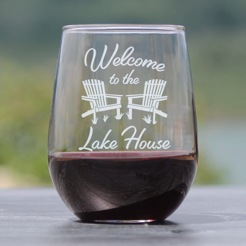Welcome To The Lake House - Stemless Wine Glass - Lake Home Rustic Cabin Decor - Large 17 Ounce Glasses - Fabs things