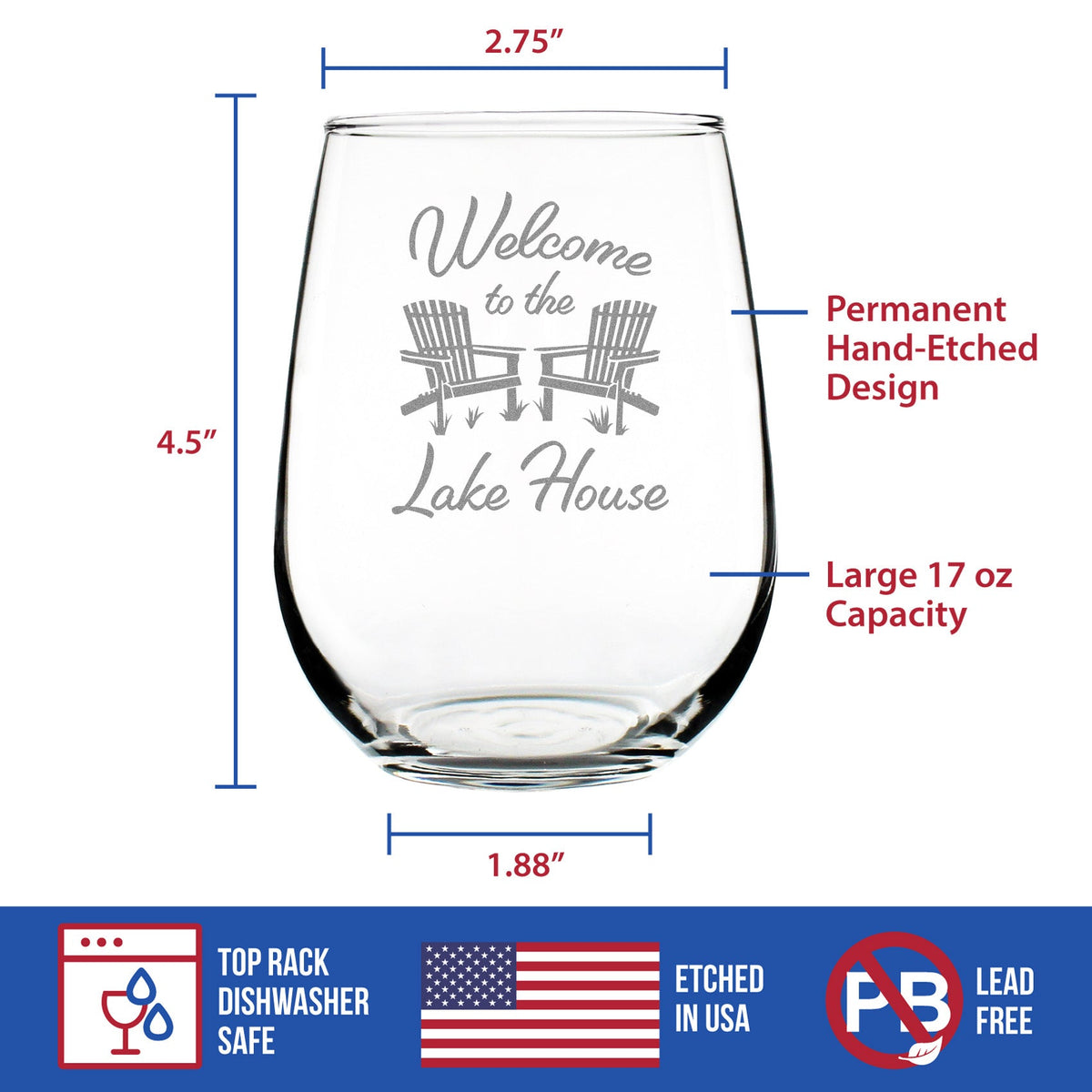 Welcome To The Lake House - Stemless Wine Glass - Lake Home Rustic Cabin Decor - Large 17 Ounce Glasses - Fabs things