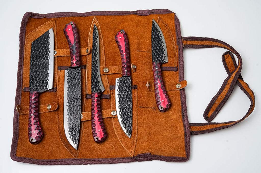 5-Piece Hand-Forged Kitchen Knife Set - Dragon Scale Carbon Steel - Red Diamond Wood Handles & Leather roll - CK-002