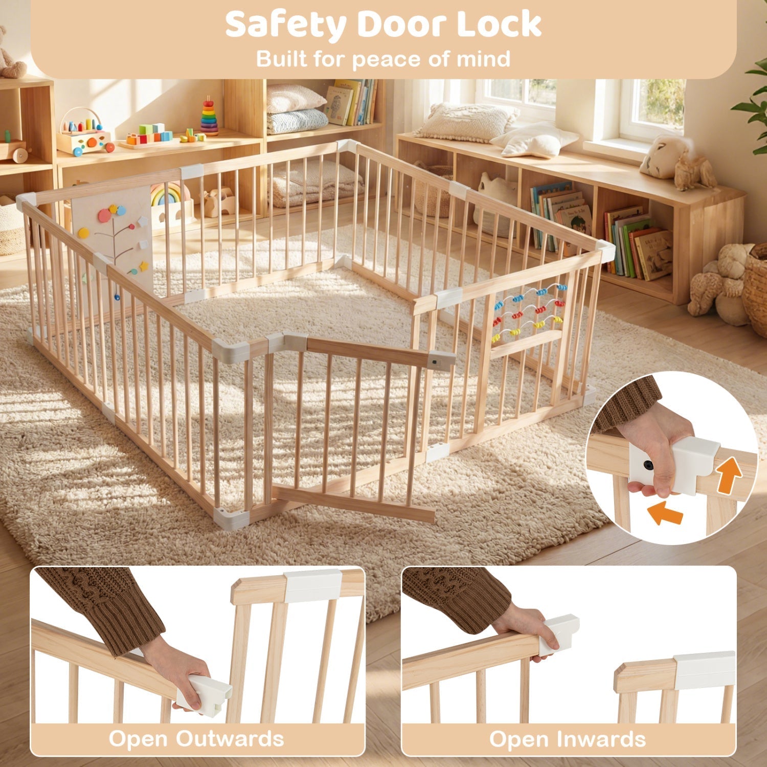 Wooden Baby Playpen Adjustable Large Play Yard for Infants-Natural