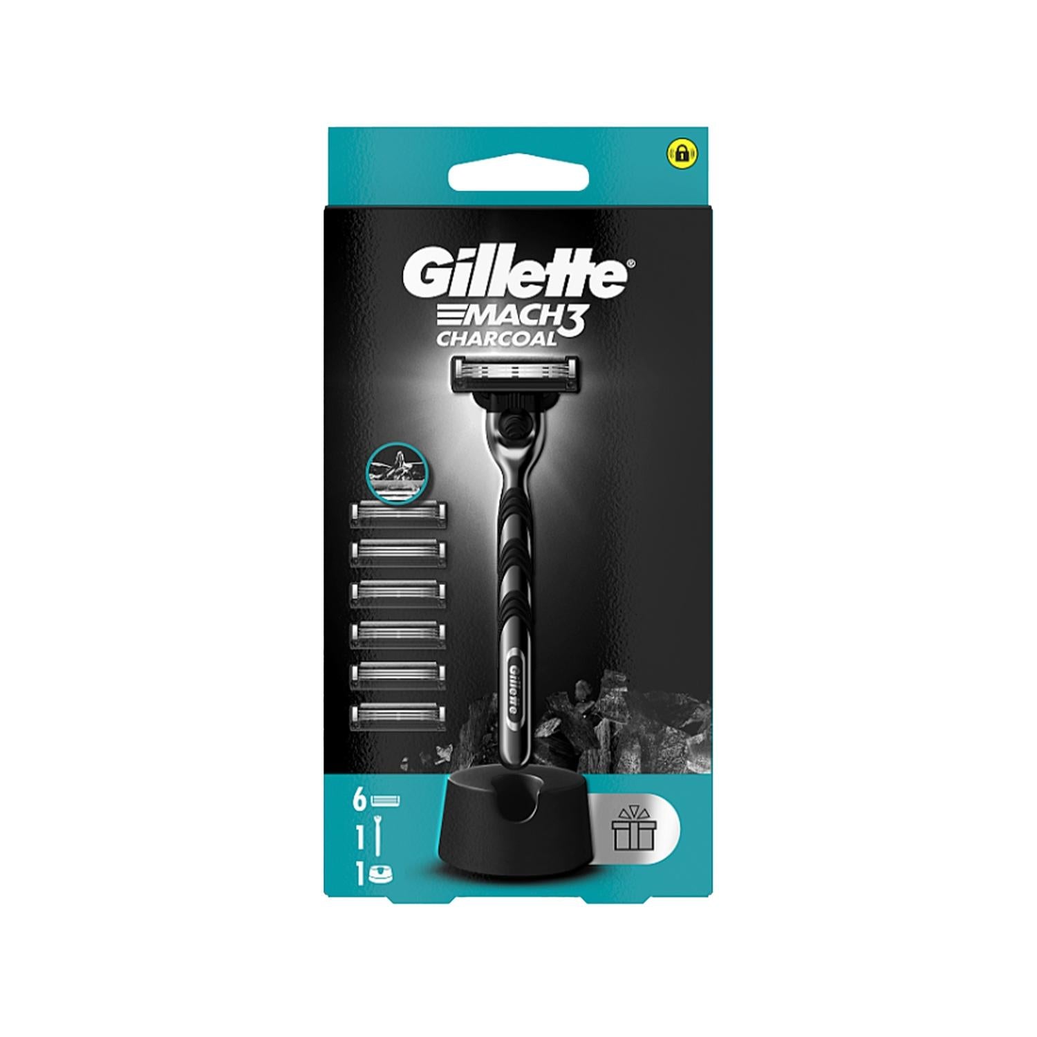 Gillette Mach3 Charcoal Shaving Razor Kit with 6 Replacement Blades - Close Shave, Reduced Irritation, Men's Grooming