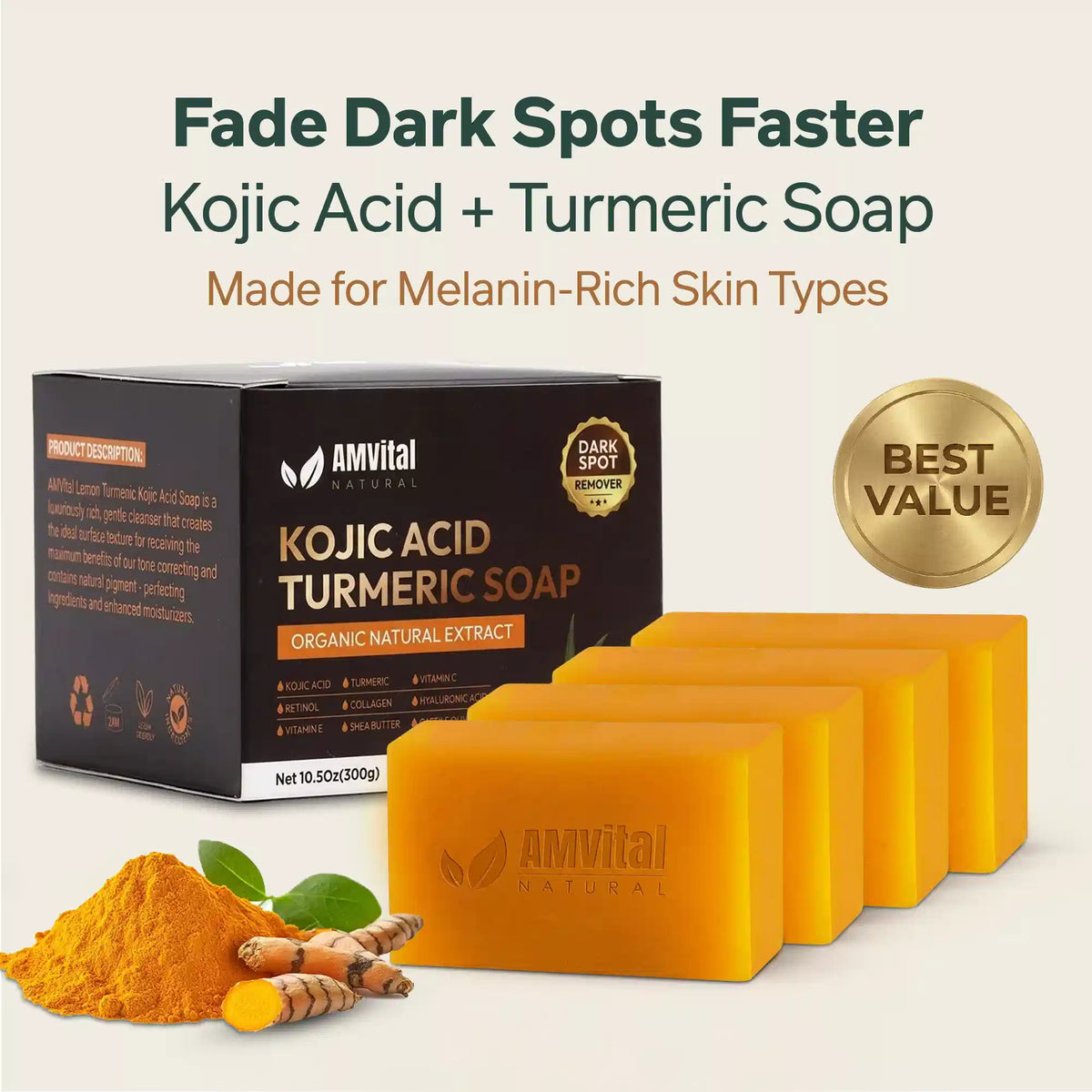 AMVital Turmeric Kojic Acid Soap Bar for Dark Spots & Uneven Tone - Fabs things