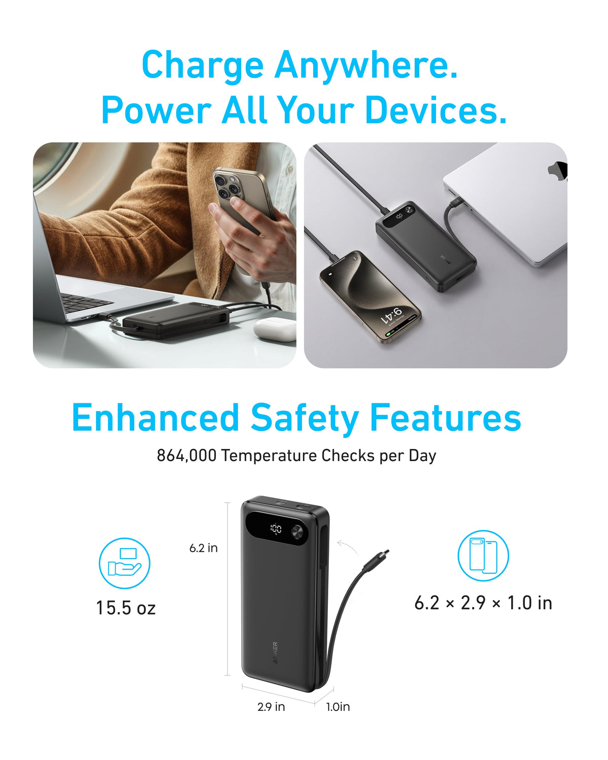 Anker Power Bank (20K, 87W, Built-In USB-C Cable) - Fabs things