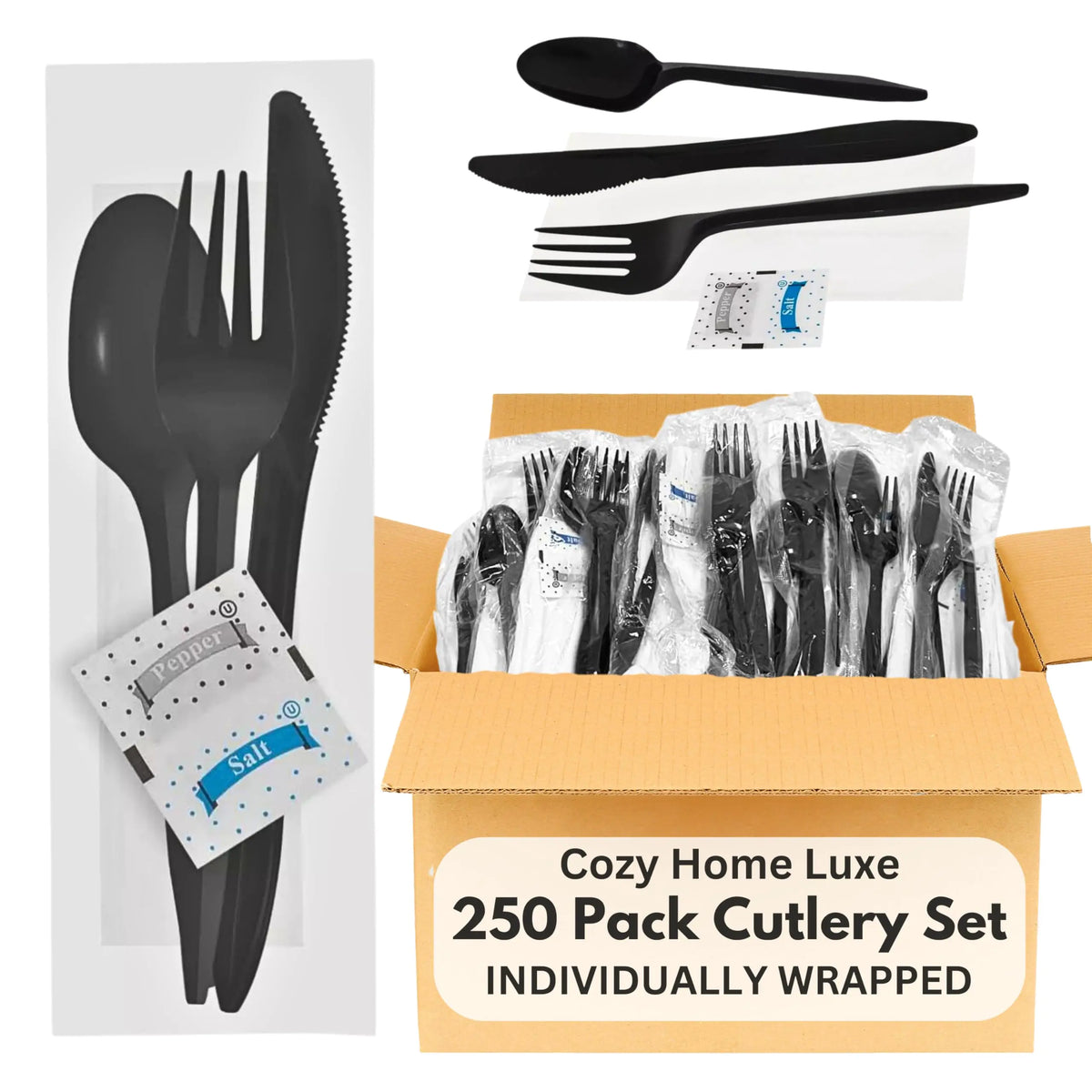 250-Pack Black Plastic Cutlery Set | Fork Spoon Knife Napkin & Salt Pepper Packets | Disposable Plastic Silverware Sets Individually Wrapped - Fabs things