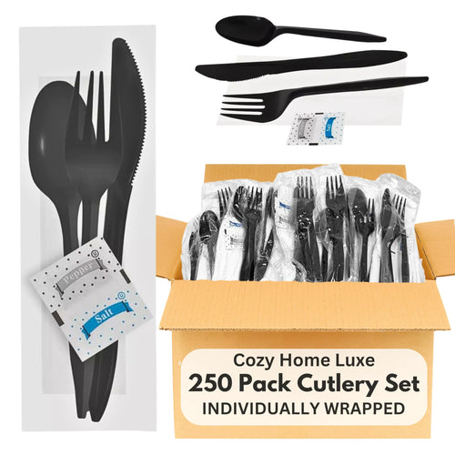 250-Pack Black Plastic Cutlery Set | Fork Spoon Knife Napkin & Salt Pepper Packets | Disposable Plastic Silverware Sets Individually Wrapped - Fabs things
