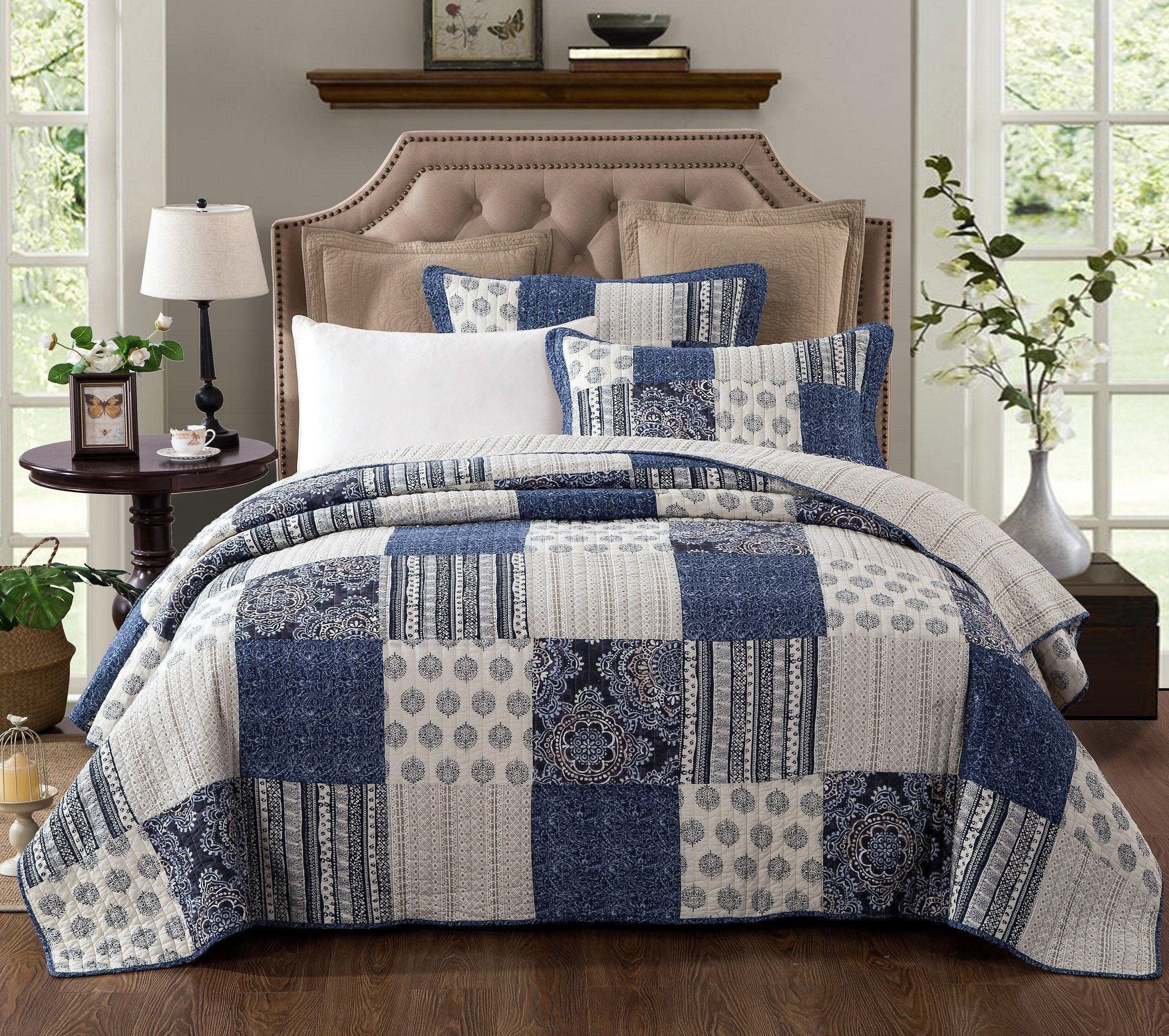 DaDa Bedding Denim Blue Patchwork Cotton Quilt Set