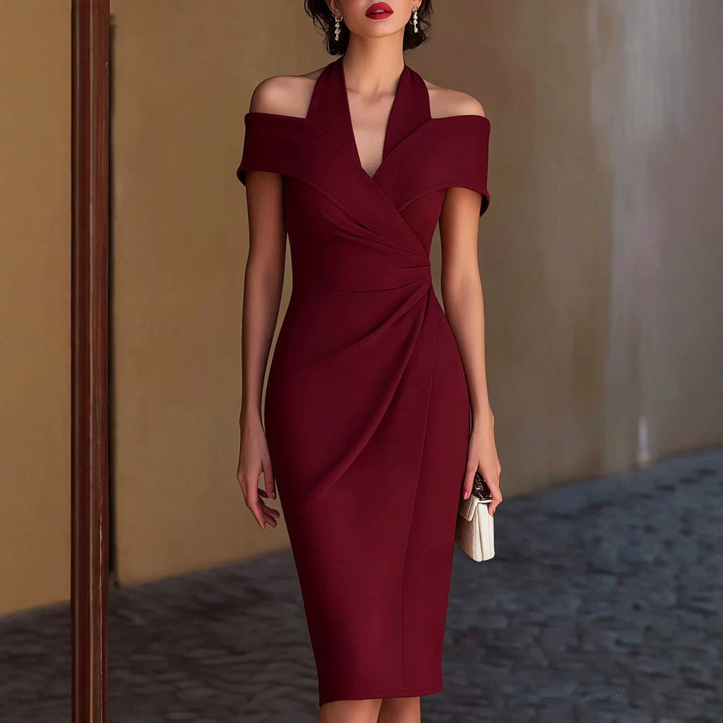 Women Clothing Summer Halter Off the Shoulder Solid Color Dress - Fabs things