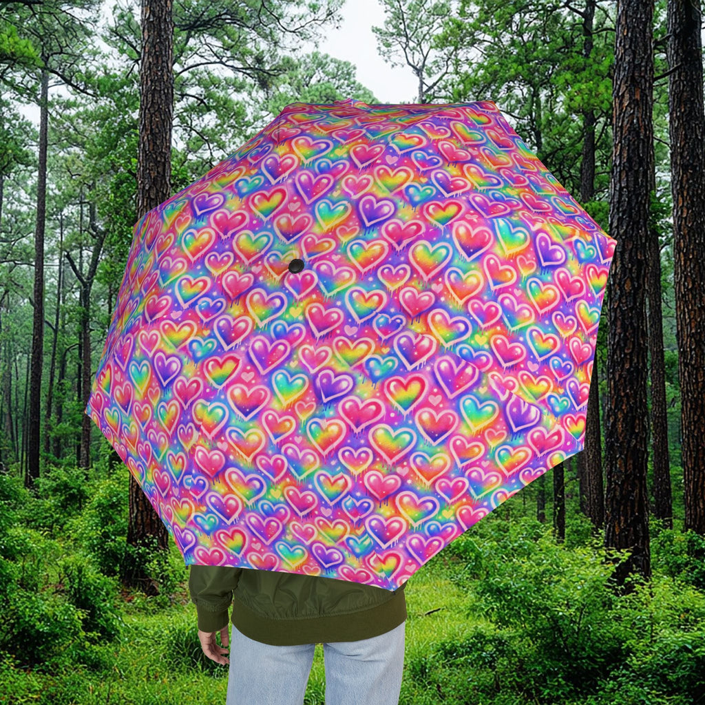 Rainbow Hearts Foldable Umbrella — Compact Semi-Automatic Rain Parasol - Fabs things