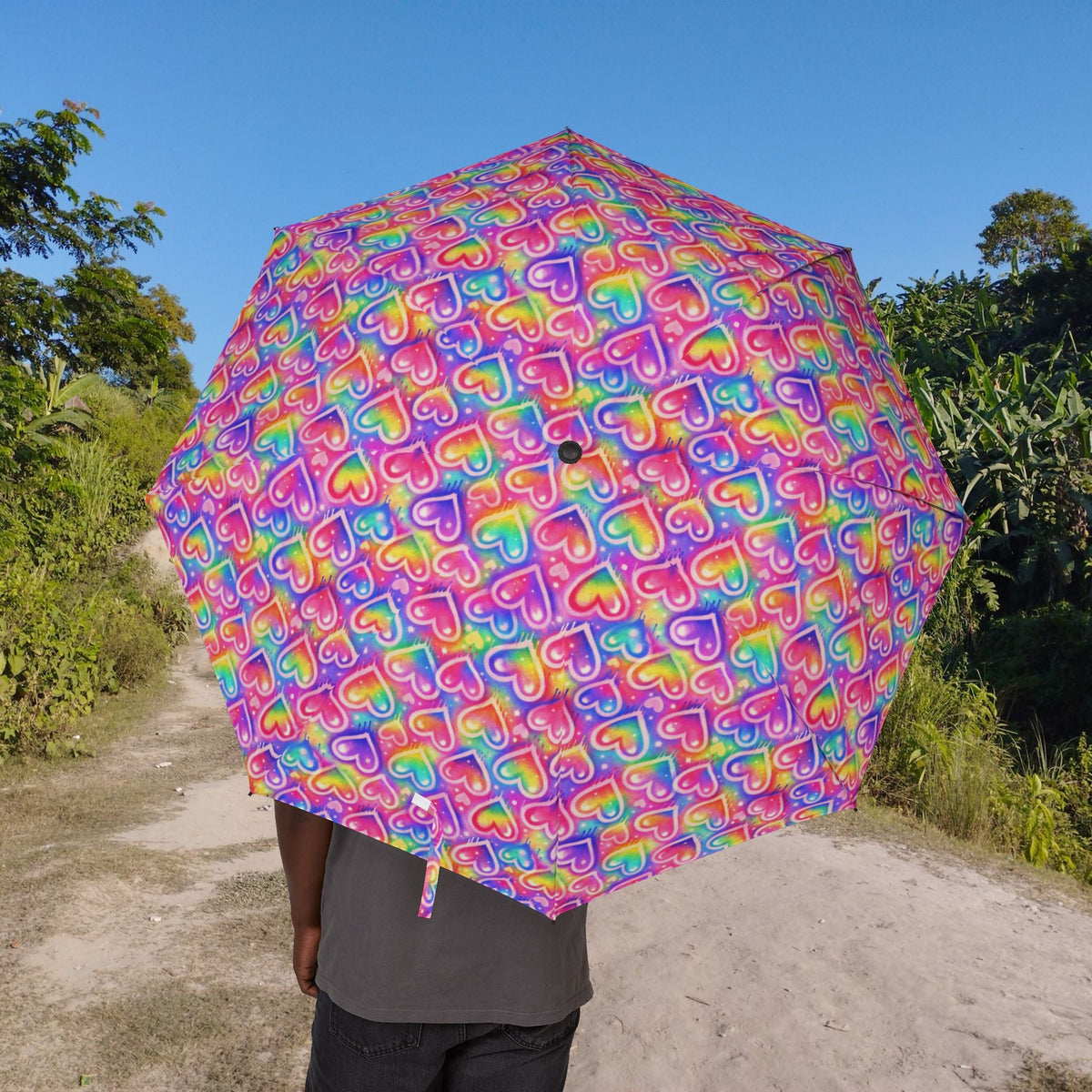 Rainbow Hearts Foldable Umbrella — Compact Semi-Automatic Rain Parasol - Fabs things