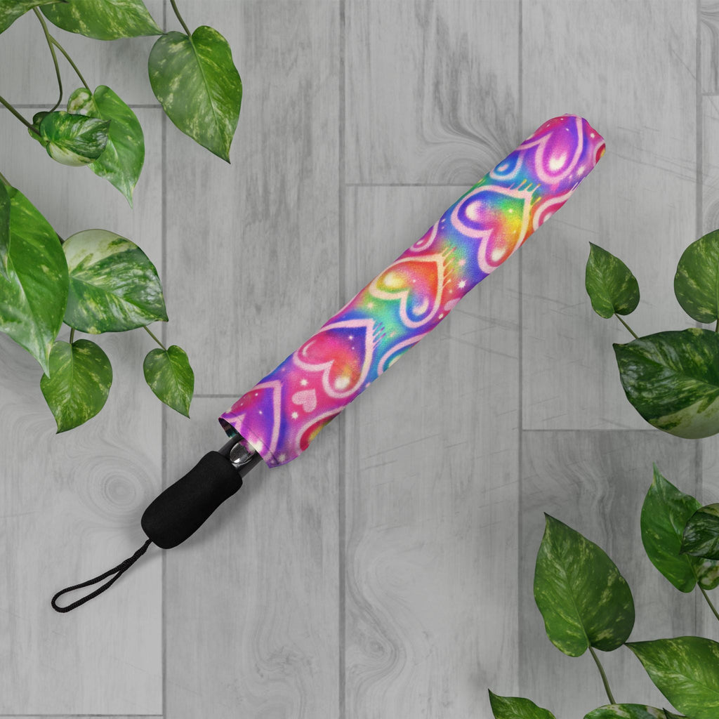 Rainbow Hearts Foldable Umbrella — Compact Semi-Automatic Rain Parasol - Fabs things