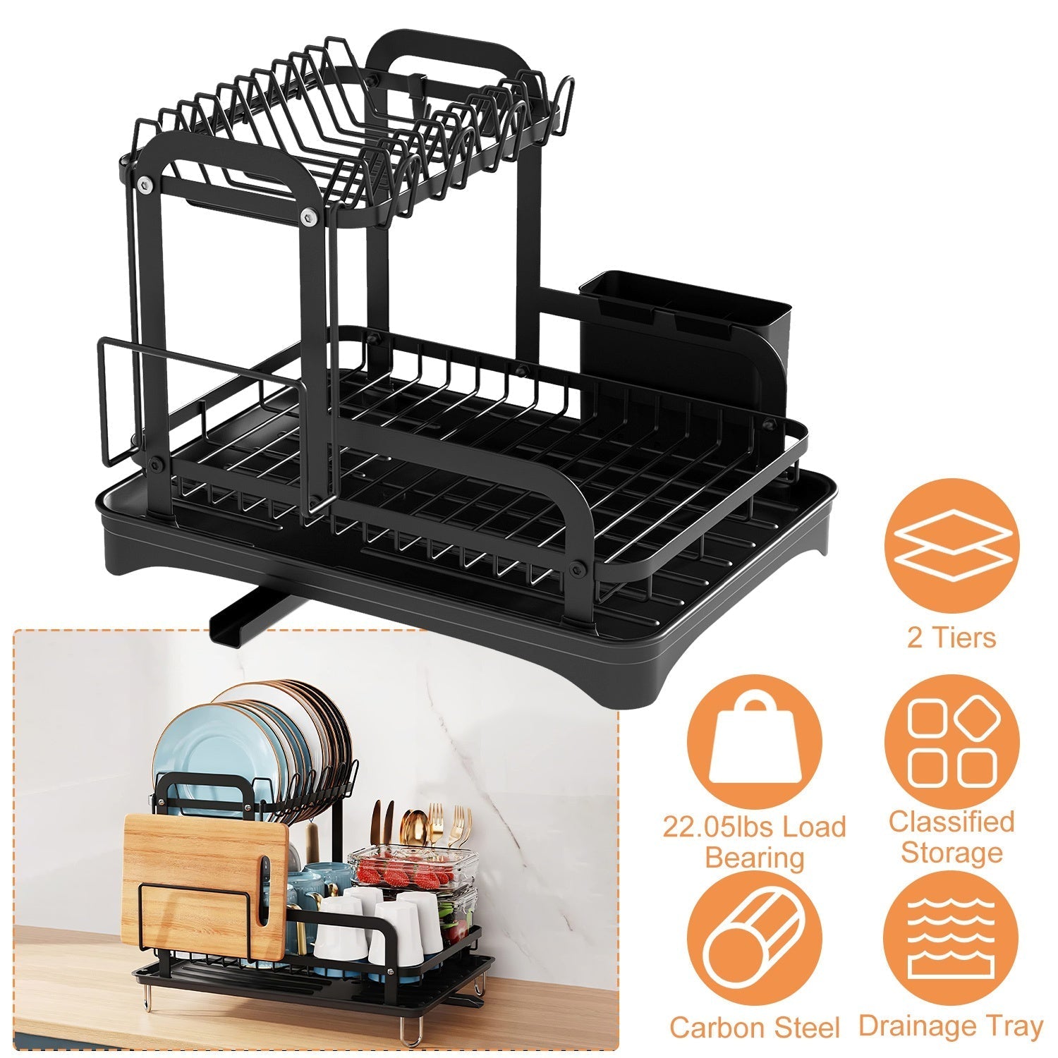 2-Tier Dish Drying Rack for Kitchen Counter Space Saving Rustproof Dish Rack with Drainboard Detachable Kitchen Drainer Organizer Set with Utensil Hol